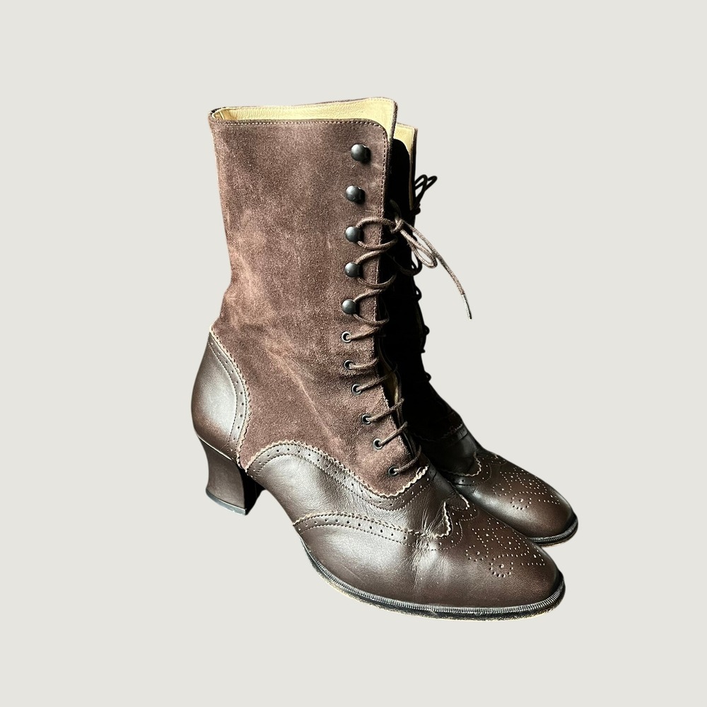 Vtg Laura Ashley Brown Leather Suede Lace Up Victorian Brogue Boots EU 41 Rare